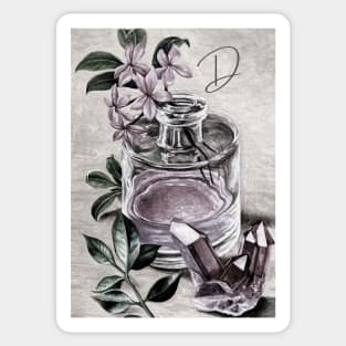 'D' vintage print perfume & rose quartz - personalized Sticker